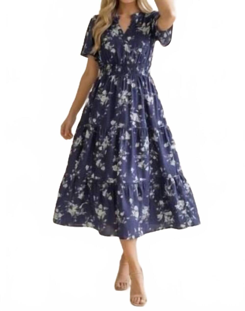 NEW HAPTICS notch neck smocked waist tiered floral dress - plus in navy